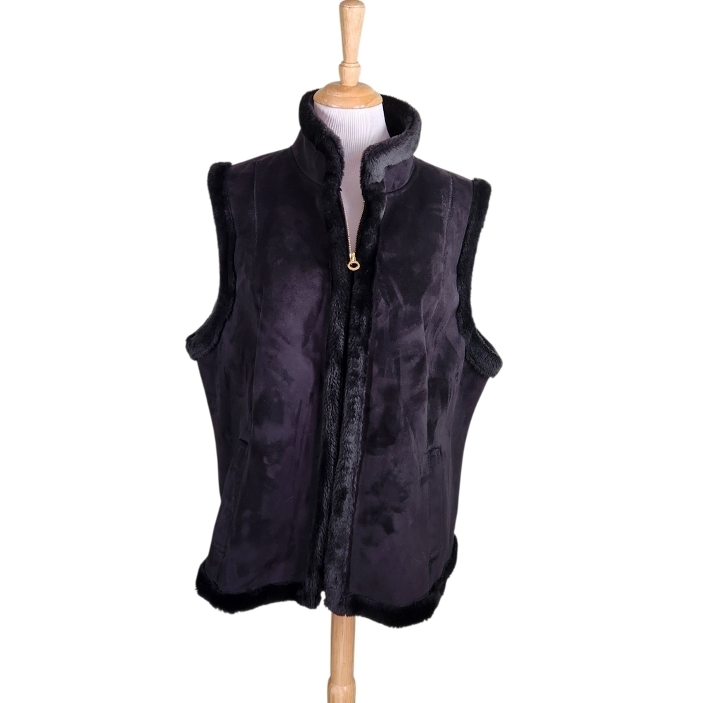 Chaps Faux Suede black Vest,  Faux fur trim, Sz 2X